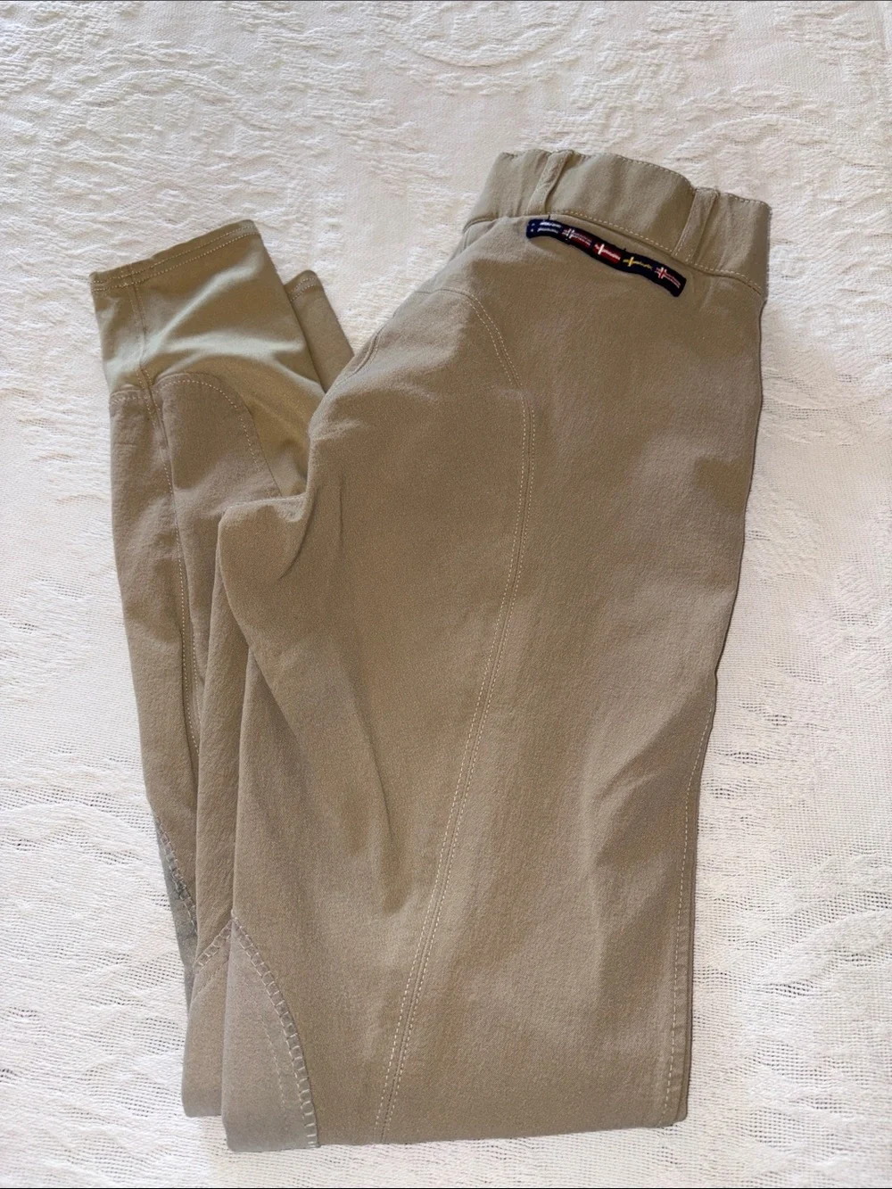 Horze Tan Teen Equestrian Breeches with Knee Patches “stains” S